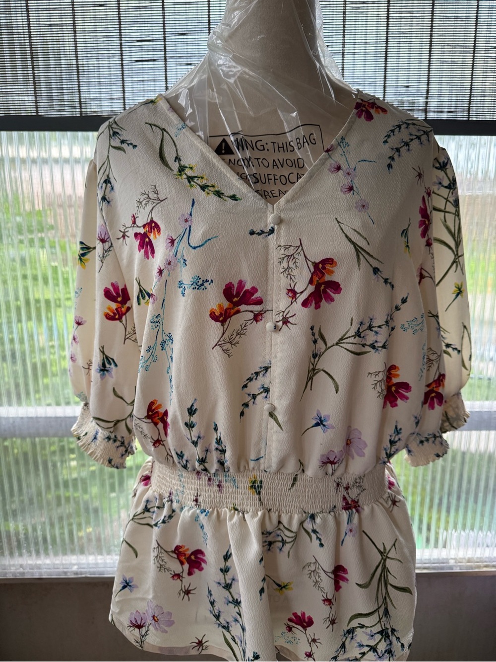 Time and Tru Ivory Floral Smocked-Waist Blouse